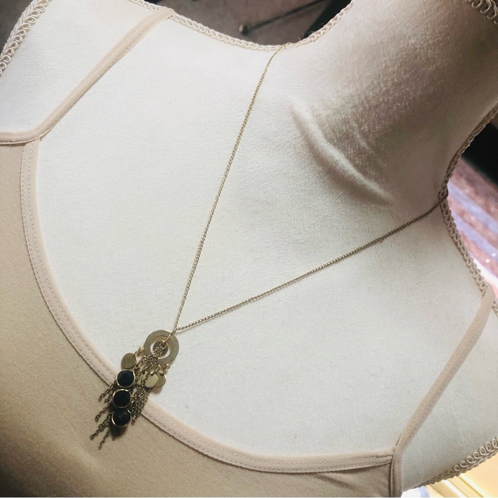 Hand crafted gold fringe pendant on chain necklace